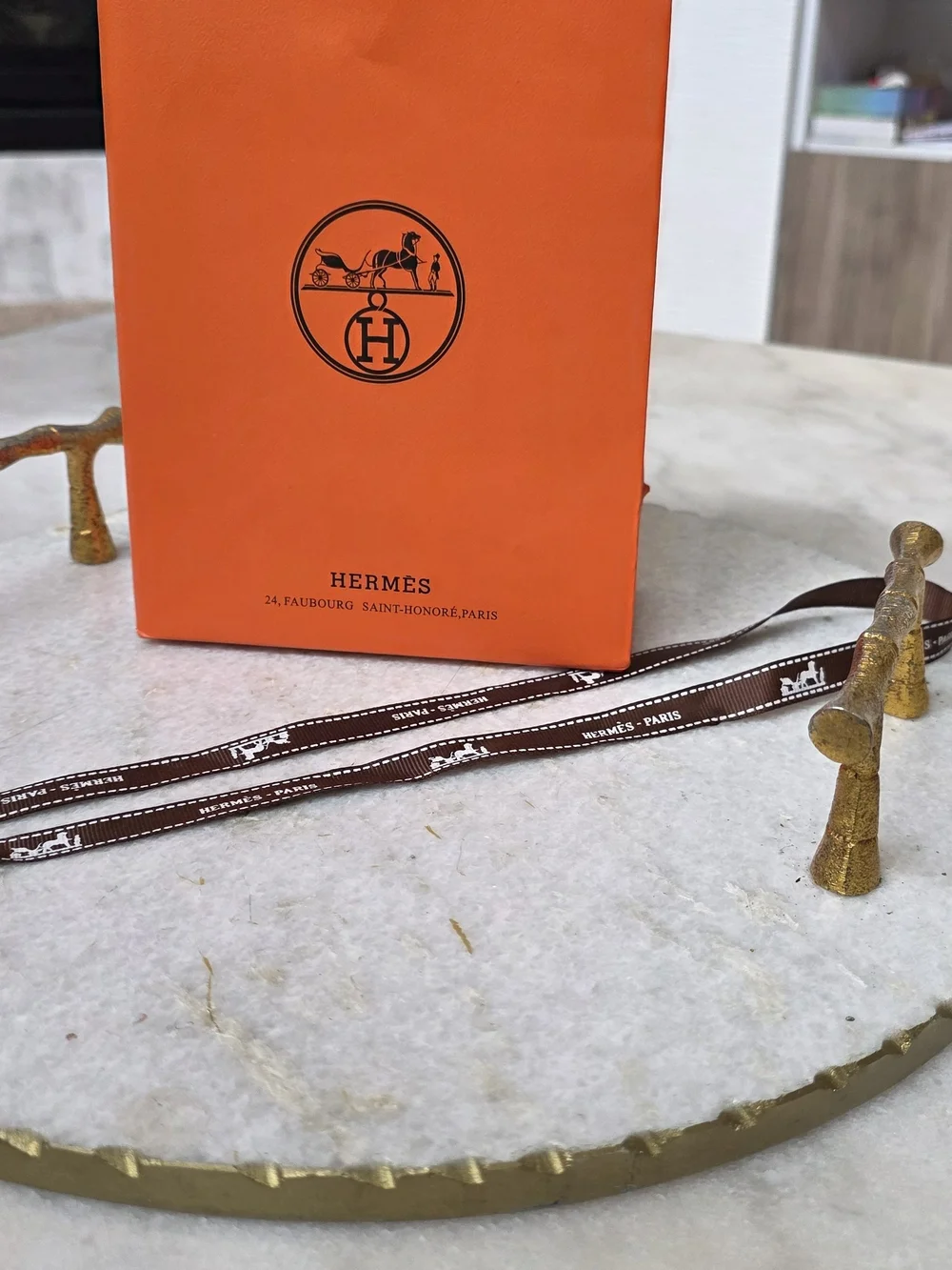 Hermes Paris Authentic Orange Shopping Gift Bag with Brown Ribbon 24 Faubourg